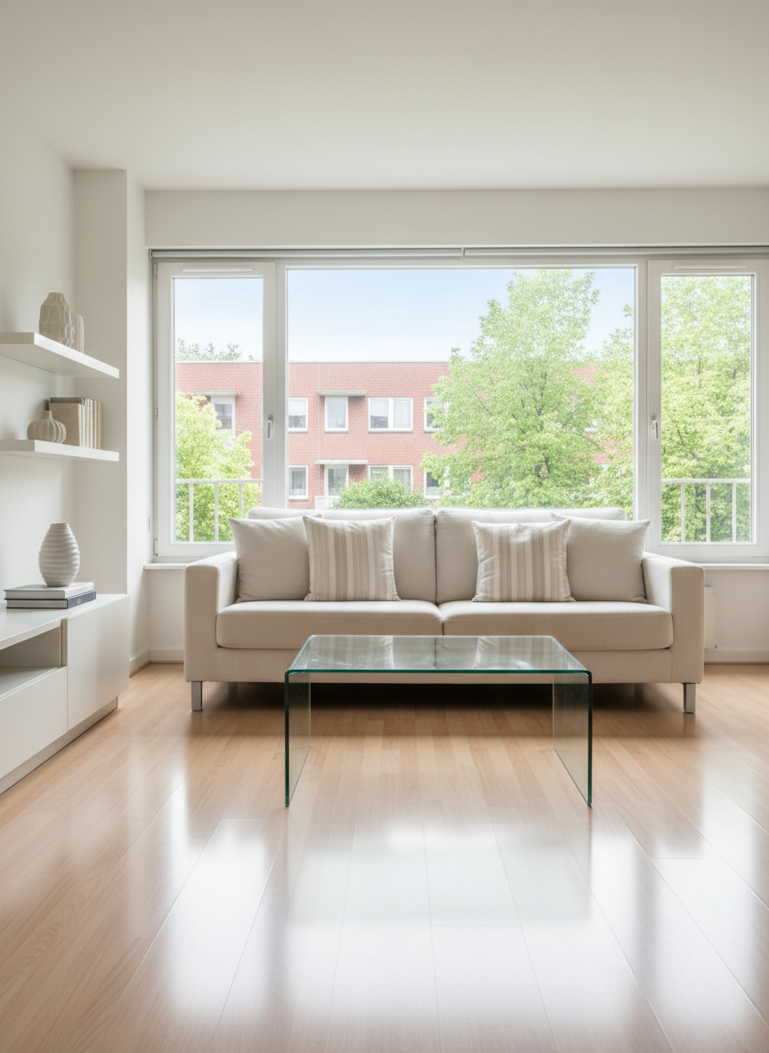 Professional cleaning of modern living room, sparkling clean surfaces, no text