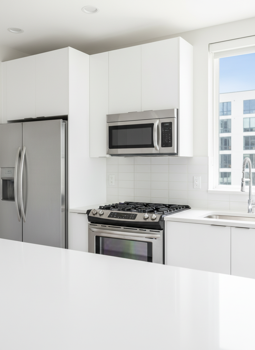 Deep cleaning of kitchen with professional equipment, shiny appliances, no text