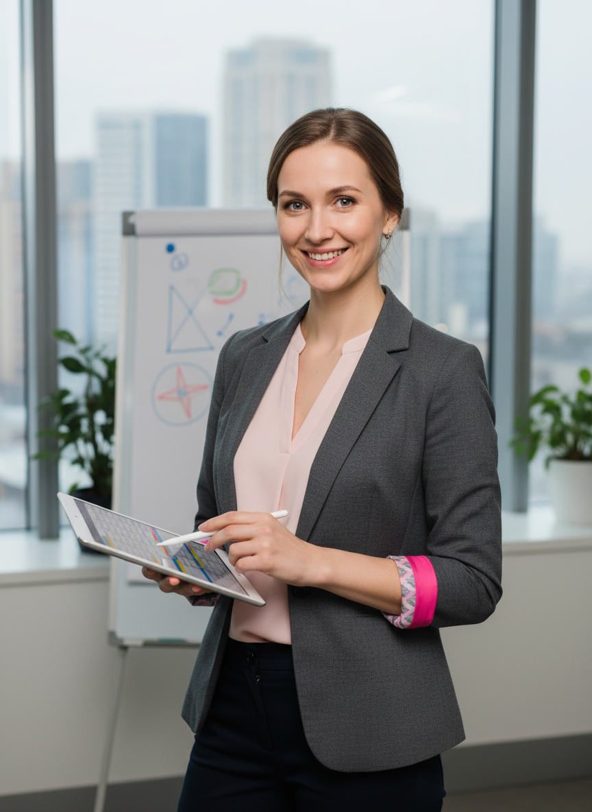 Russian female cleaning team manager, professional portrait, friendly appearance, pink uniform elements