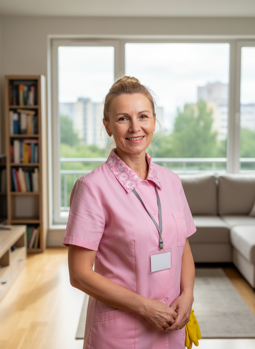 Russian female senior cleaner, professional portrait, experienced appearance, pink uniform