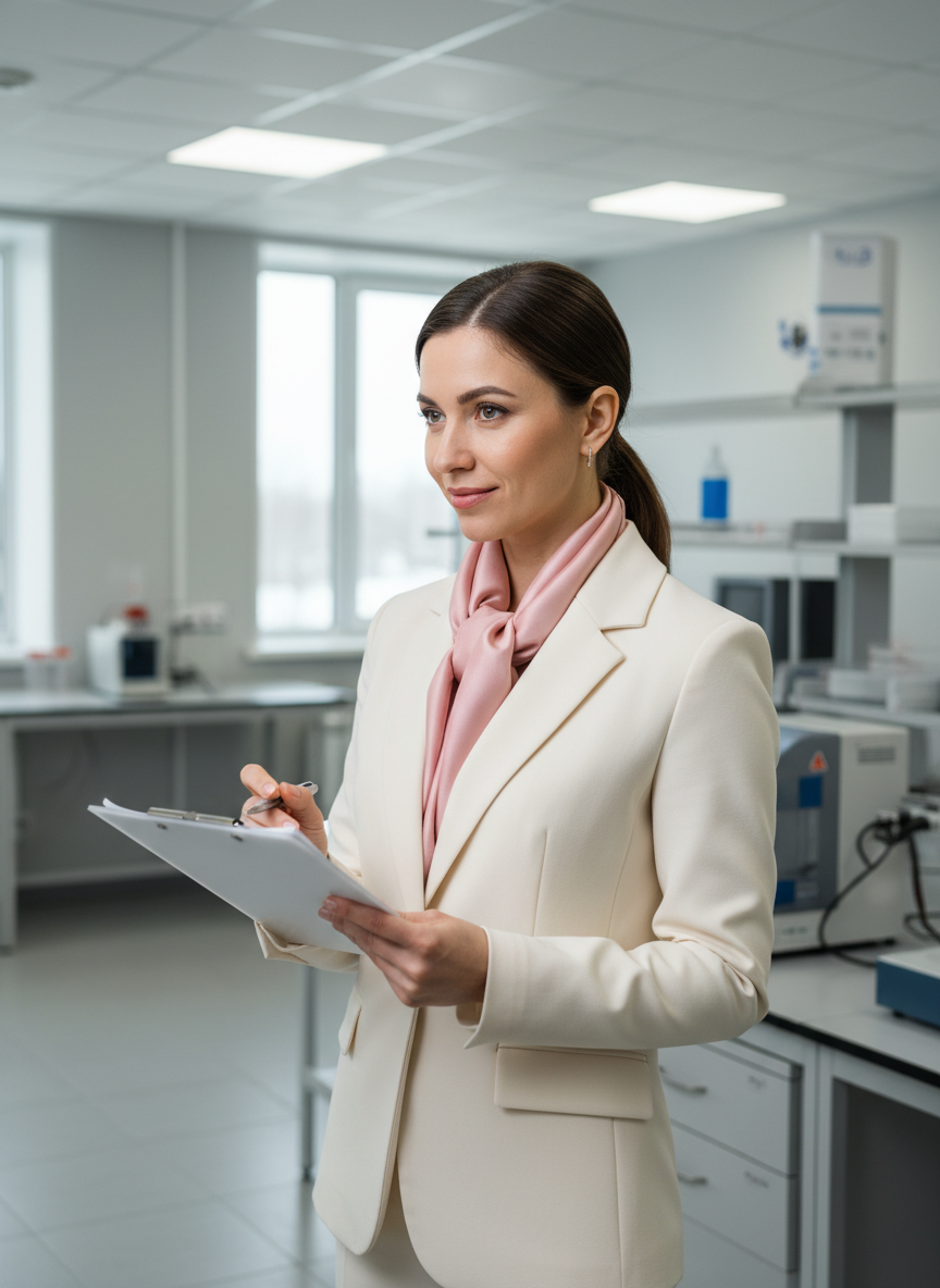 Russian female quality control specialist, professional portrait, attentive appearance, pink accent clothing