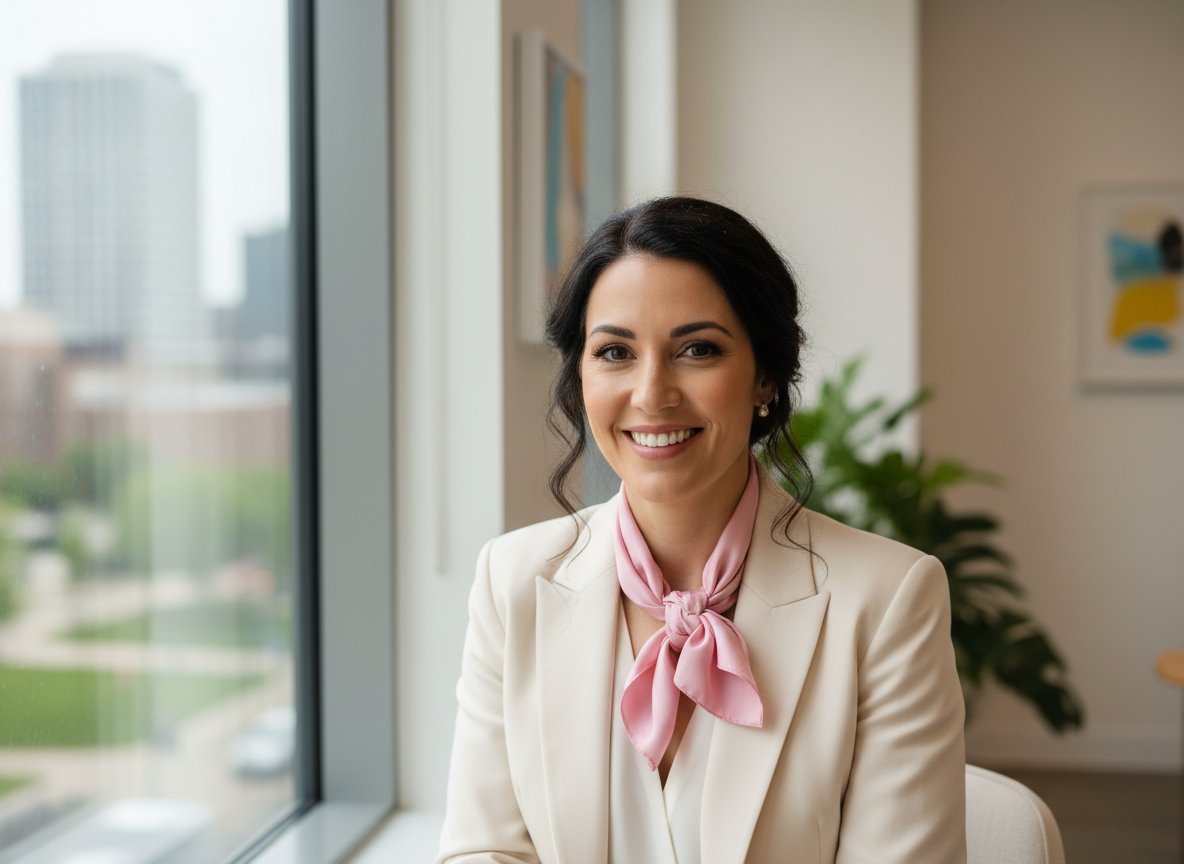 Russian female entrepreneur founder of cleaning company, professional portrait, warm smile, business casual attire